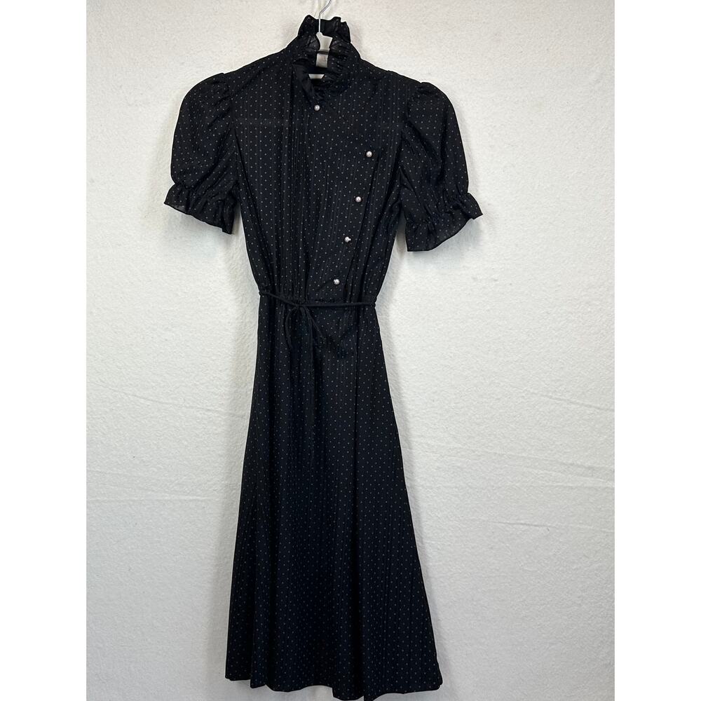 Vintage 80's Sheer Black Polka Dot Midi-Dress Asymetric Button High Collar SZ 5